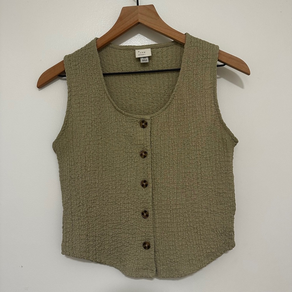 A New Day | Women's Olive Green Textured Button Front Vest Top, Size XS